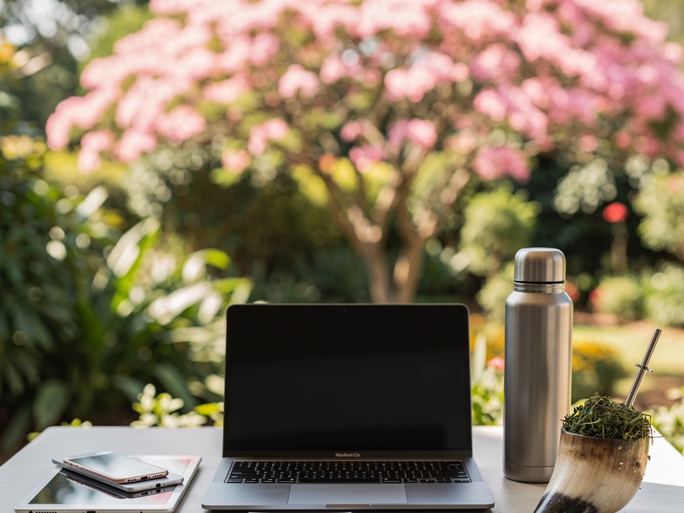 A veranda table with a laptop and a cup of tereré